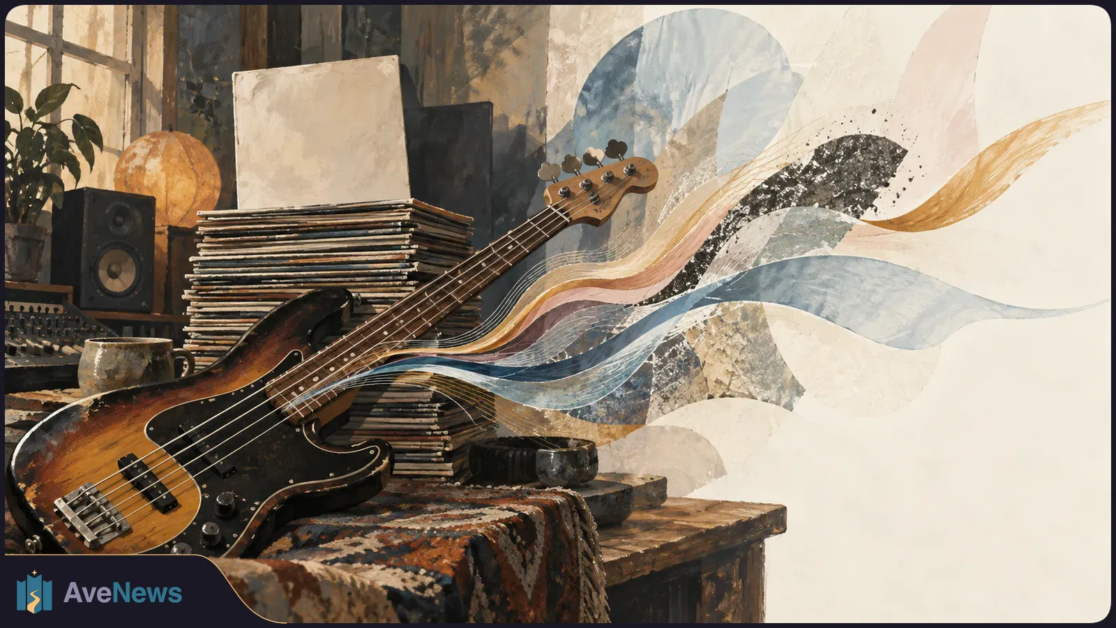 A worn electric bass rests beside stacks of records and a studio speaker, while layered blue, cream and gold waves sweep across the scene. SI illustration