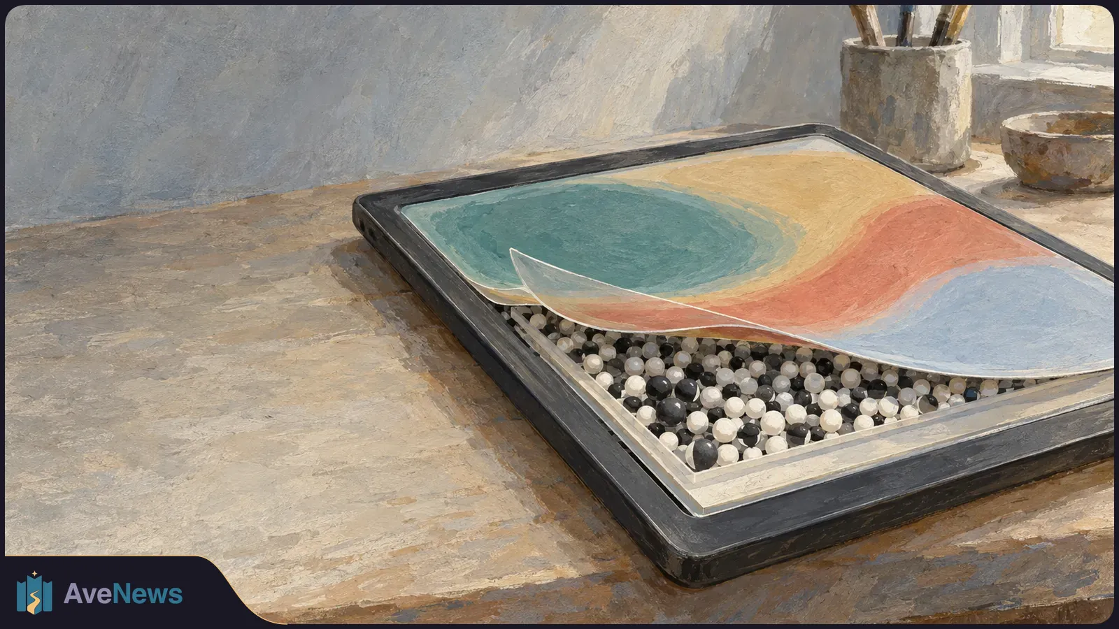 Painted black tablet on a desk, with a curved color layer lifted from its screen to reveal black-and-white beads beneath. SI illustration