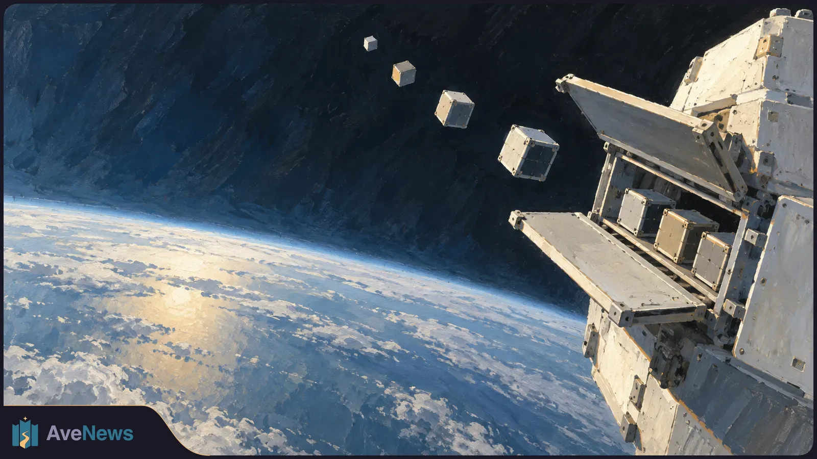 Illustration of small cube-shaped satellites drifting from an open spacecraft above Earth’s cloud-covered horizon. SI illustration