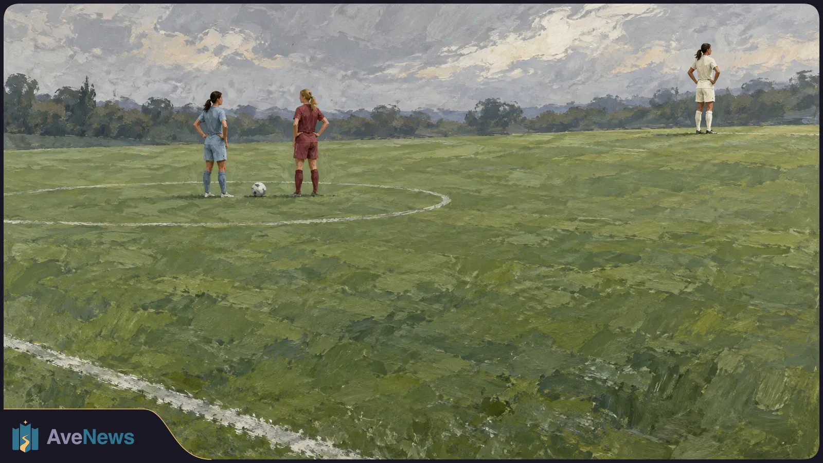 Painterly illustration of three soccer players on a grassy field under a cloudy sky; two stand beside a ball near the center circle, while one stands farther away. SI illustration
