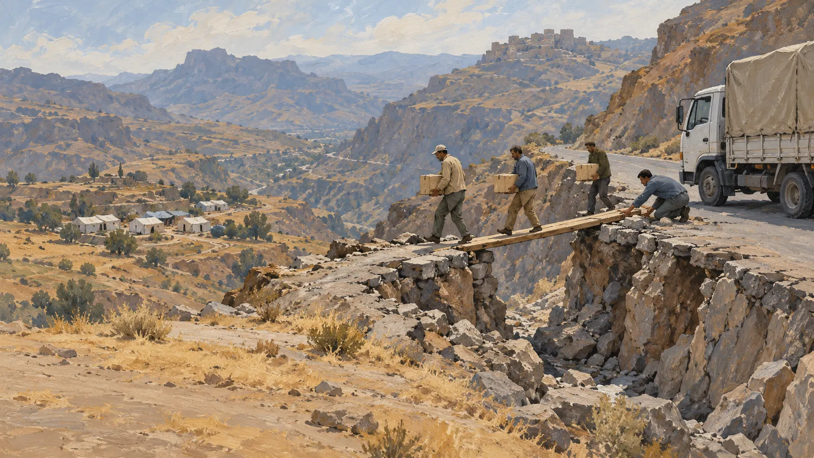 An illustration shows men carrying boxes across planks over a damaged mountain road, beside a covered truck. Tents dot the valley below. SI illustration