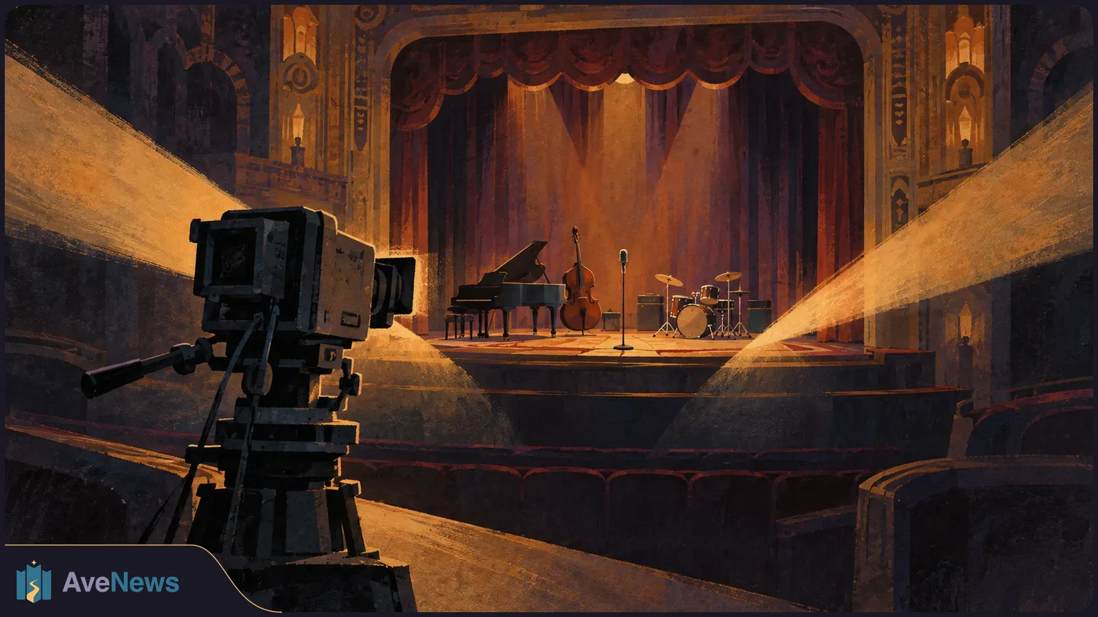 Painted theater scene with a large television camera in the foreground facing a lit stage with a piano, upright bass, microphone and drum kit. SI illustration