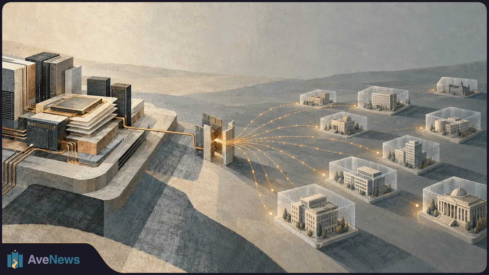 A processor and server stacks connect by glowing lines to miniature buildings inside clear boxes on a gray landscape. SI illustration