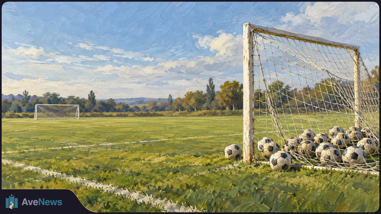 Painted football field under a cloudy sky, with several soccer balls gathered around a goal in the foreground and a second goal in the distance. SI illustration