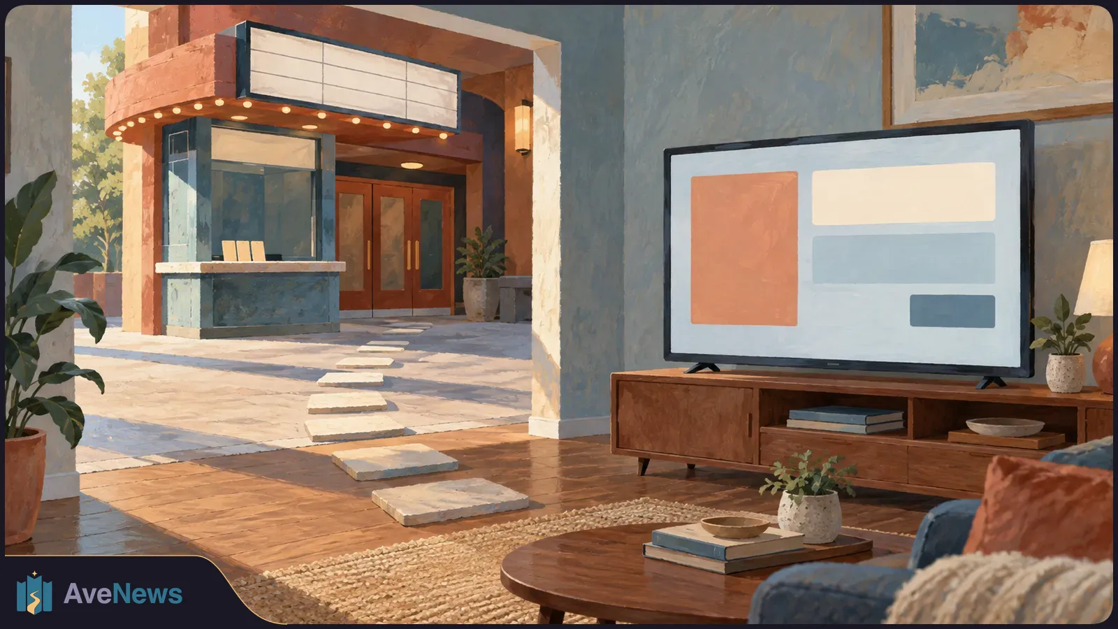 Painterly living room with a TV showing blank color blocks. Stepping stones lead through an opening to a cinema entrance with an empty marquee and ticket booth. SI illustration