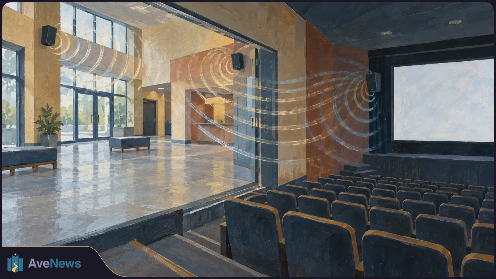 Painted view of an empty cinema lobby beside a seated auditorium with a blank screen; curved sound waves extend from wall speakers across the space. SI illustration