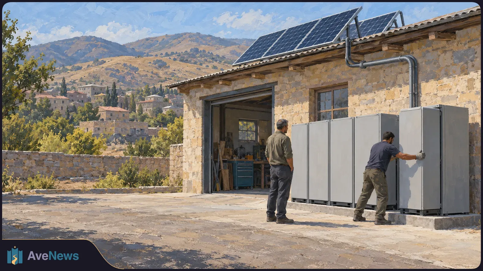 Two men stand beside tall gray cabinets outside a stone building with rooftop solar panels; a hillside village and mountains are in the background. SI illustration