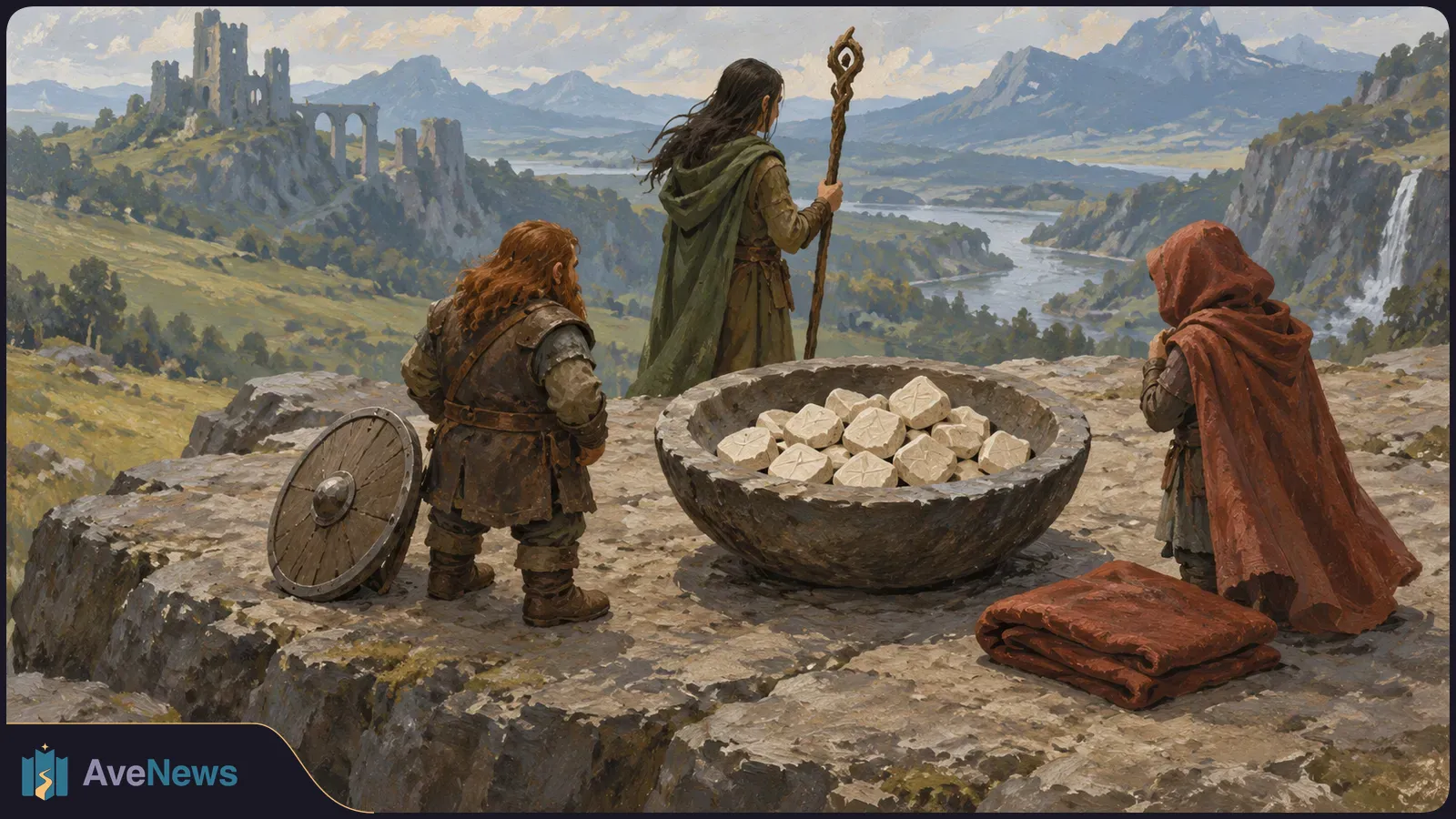 Painted fantasy scene: three cloaked figures stand around a stone bowl of pale carved stones on a rocky ledge, with castle ruins, mountains and a waterfall beyond. SI illustration