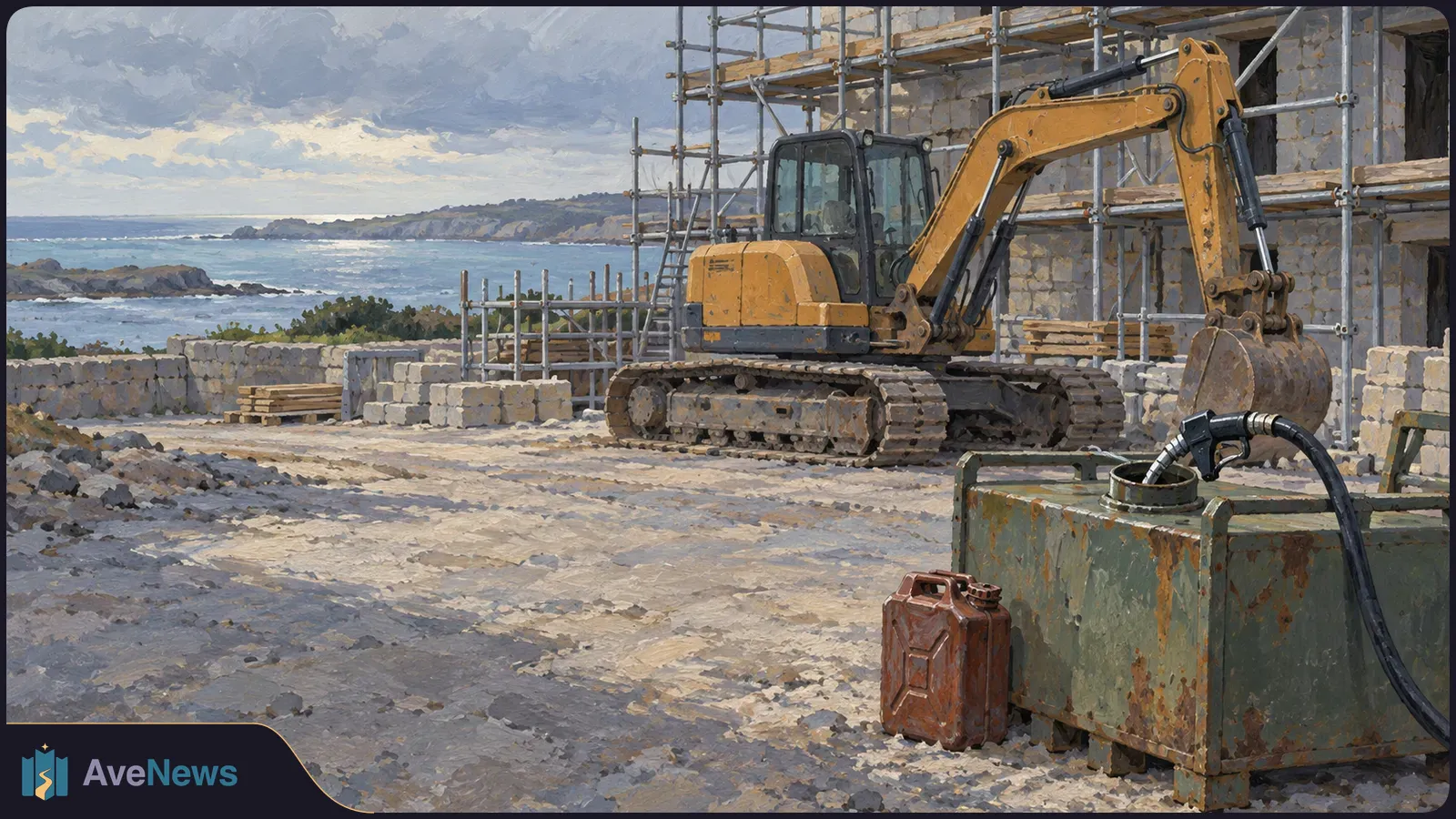 Painted coastal construction site with a yellow excavator beside a scaffolded building. A fuel tank, hose and red jerrycan are in the foreground. SI illustration