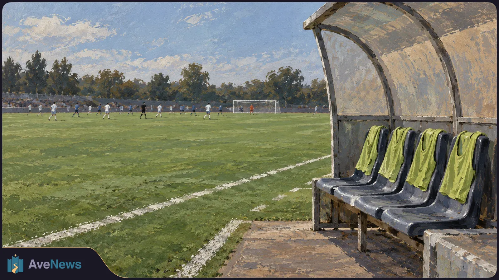 Painted football pitch with players in the distance and four yellow training bibs draped over empty sideline seats. SI illustration