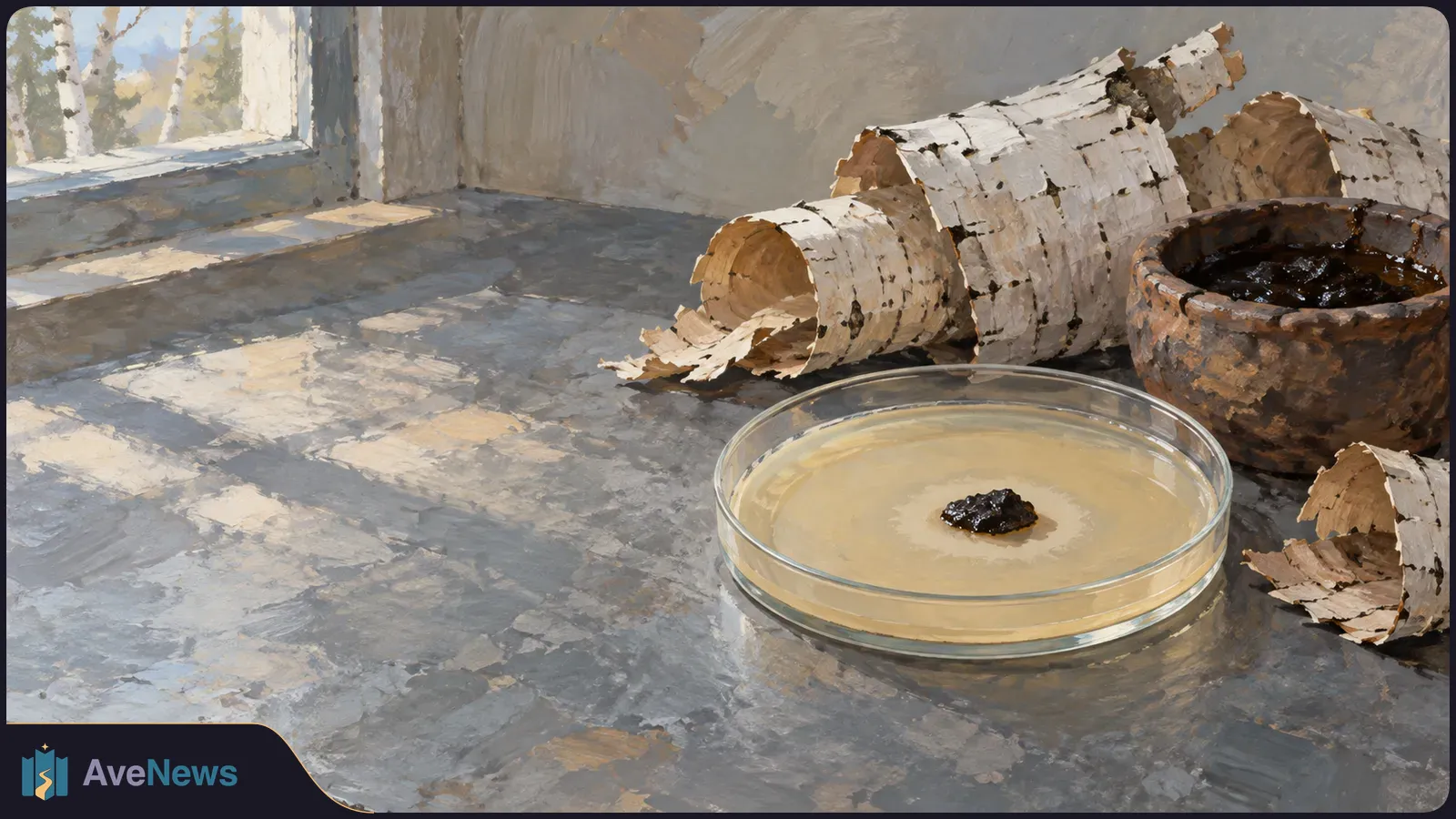 Painted still life of birch logs beside a shallow glass dish holding pale gel and a dark tar-like lump, with a bowl of dark material behind it. SI illustration