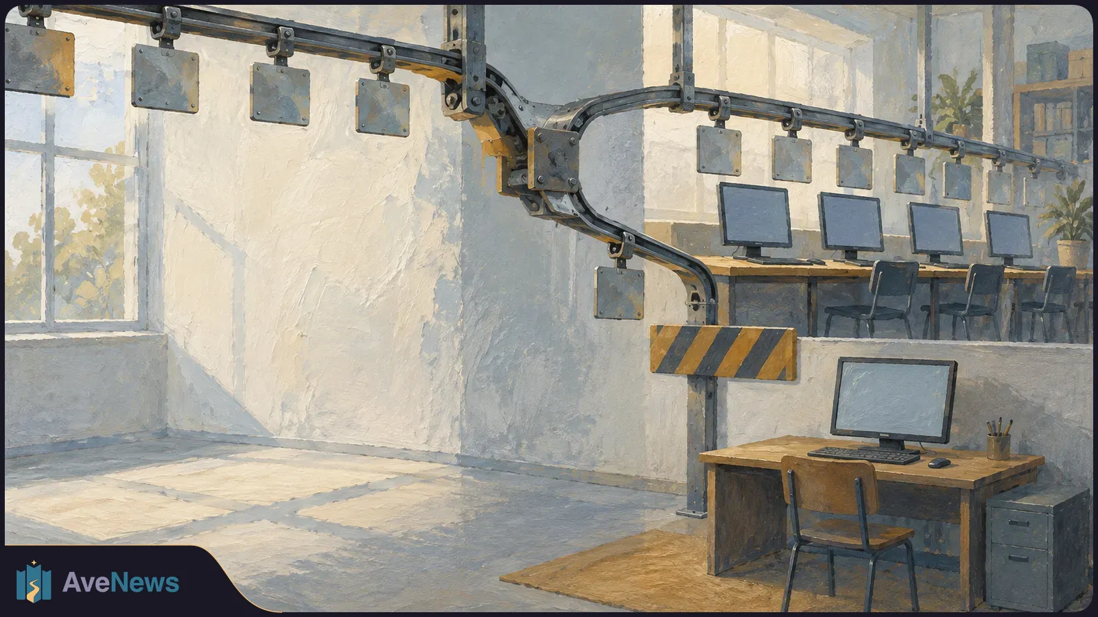 A painted computer room with rows of blank monitors beneath a track of hanging metal plates; a striped barrier stands beside a foreground desk. SI illustration