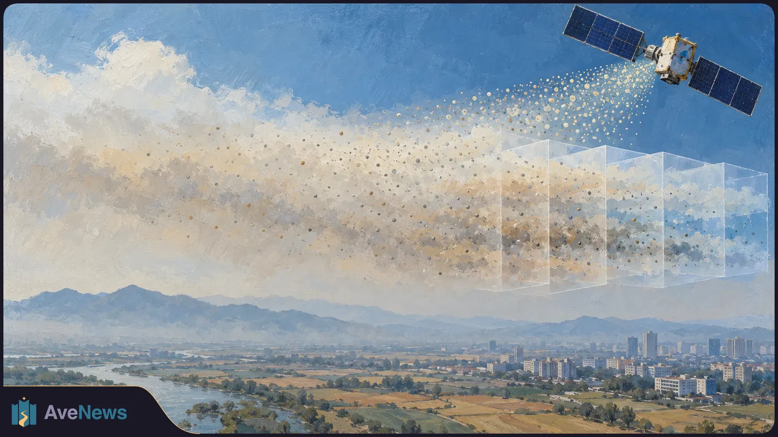 Painted satellite above a city and river valley, with dotted particles in the air and translucent grid-like panels across the cloudy sky. SI illustration