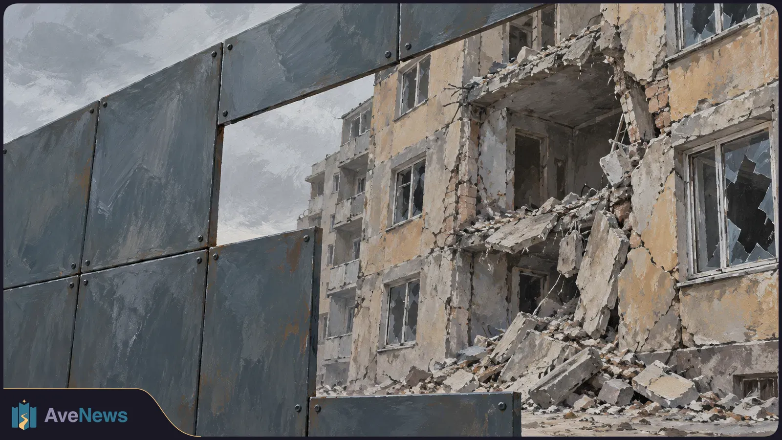Illustration of a damaged apartment building with shattered windows and piles of concrete rubble, seen through gaps between dark metal panels under a cloudy sky. SI illustration