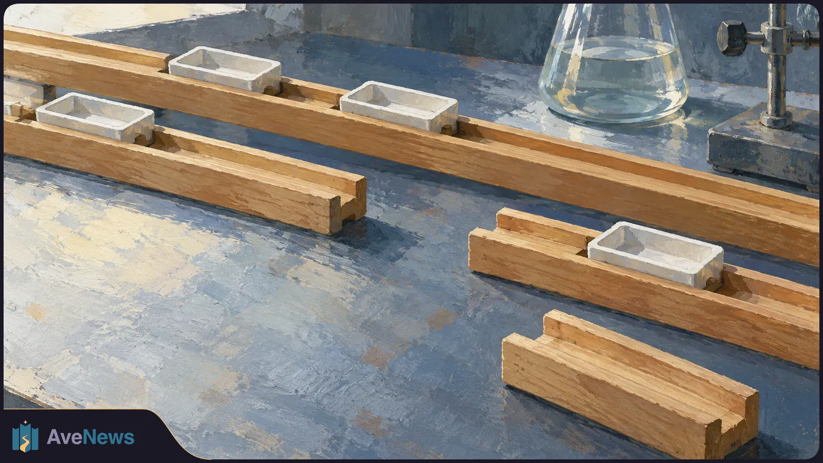 Painterly illustration of wooden rails holding small white trays on a blue-gray lab bench, with a glass flask and metal stand behind them. SI illustration