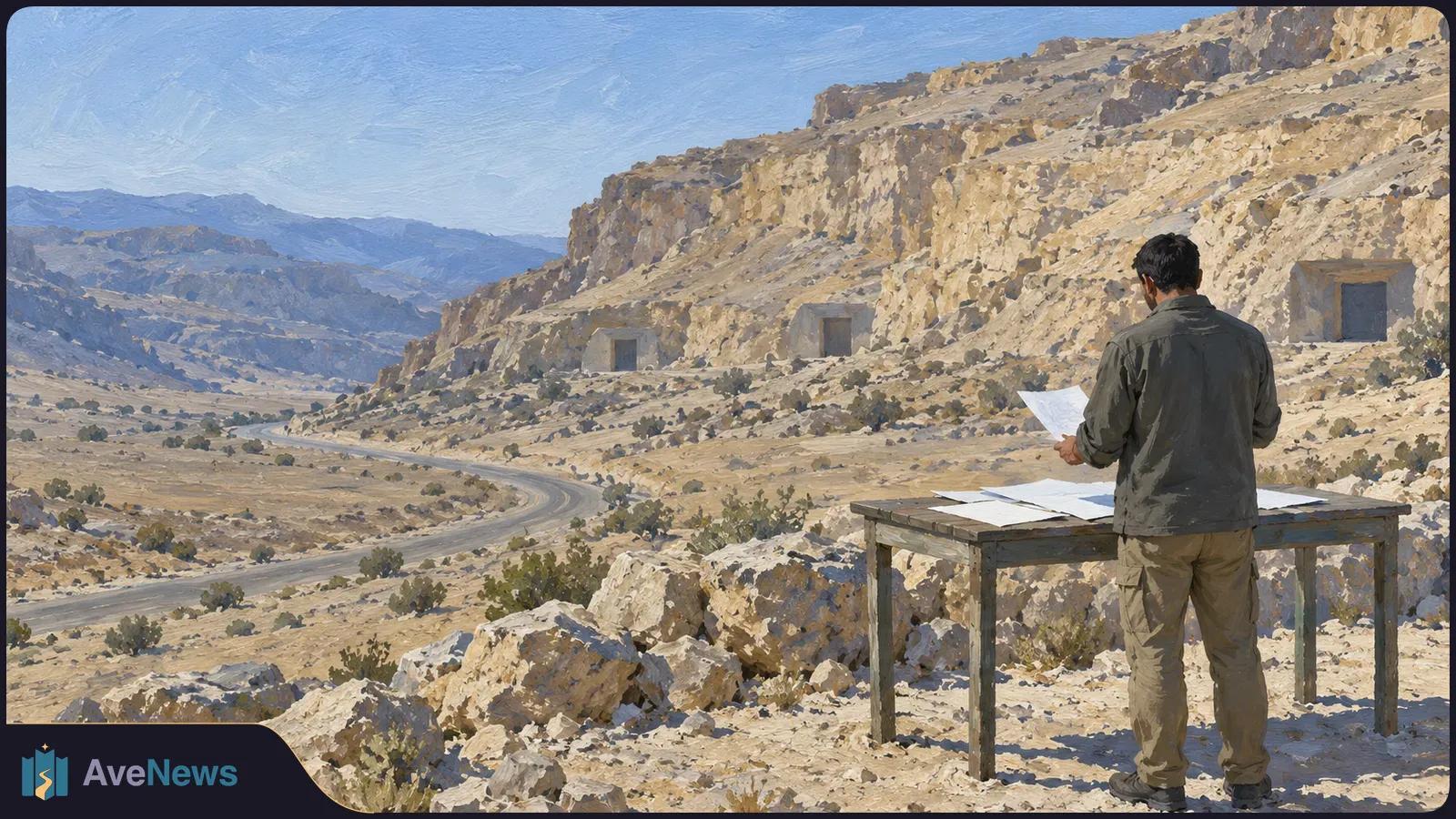 Painted scene of a man seen from behind holding papers beside a table in a rocky desert valley. A road curves past rectangular openings in the hillside. SI illustration