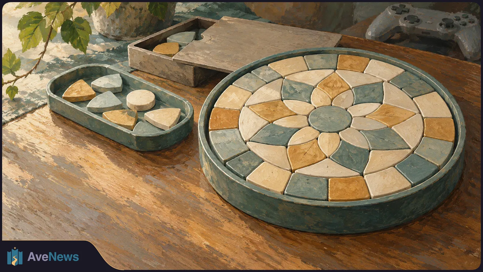 Painterly illustration of a circular tray filled with cream, ochre and blue-green tiles on a wooden table, beside loose tiles and a game controller. SI illustration
