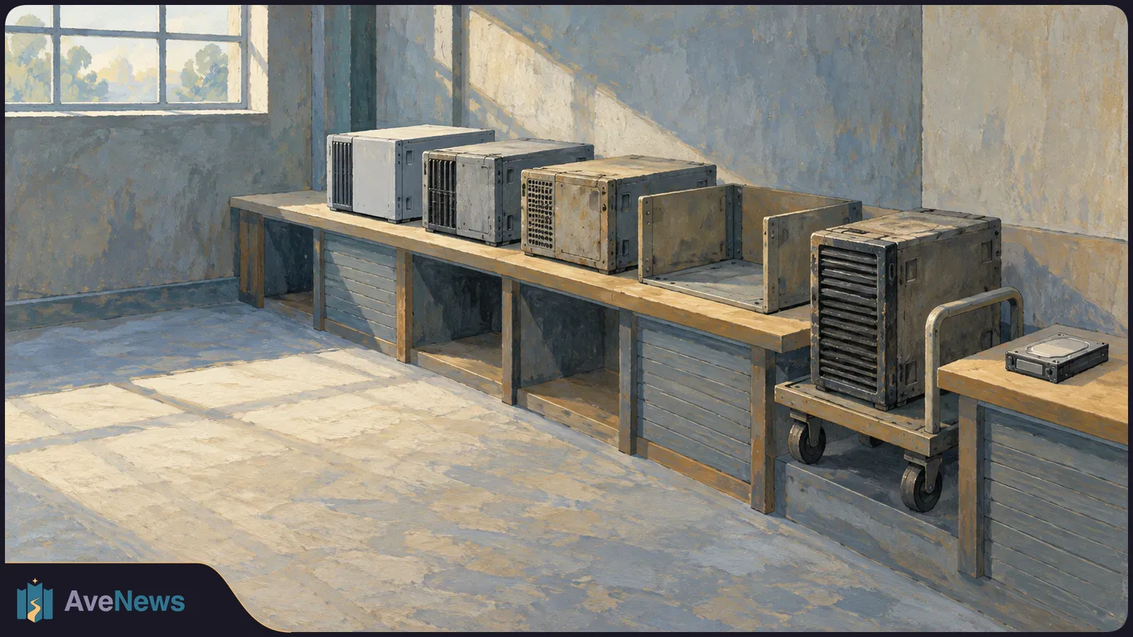 Painted sunlit room with several worn computer units along a bench, another on a wheeled cart, and a small hard drive on a side table. SI illustration