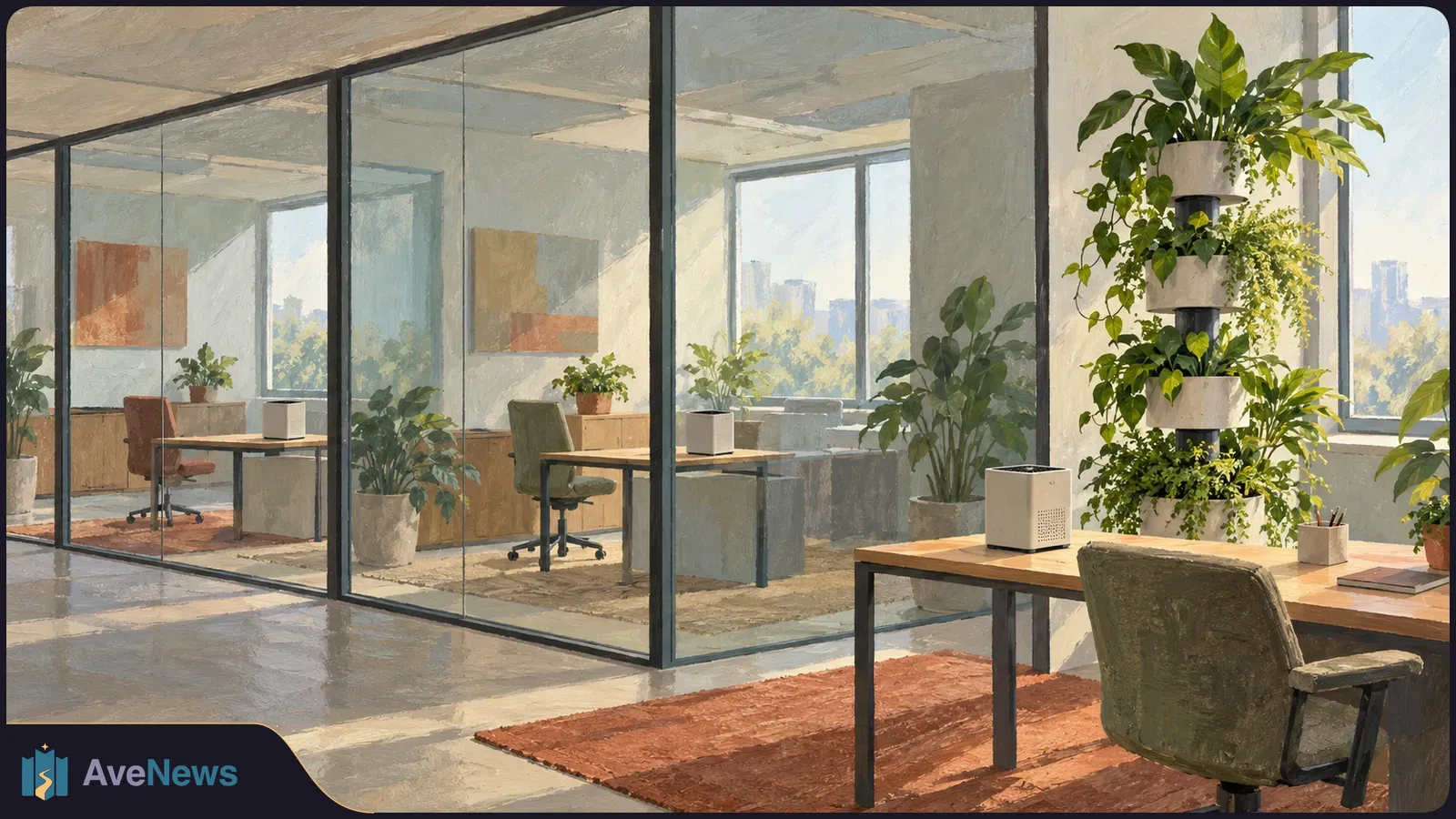 Sunlit office with glass-walled workspaces, desks, small white box-like devices, and a vertical tower of potted plants beside a desk. SI illustration