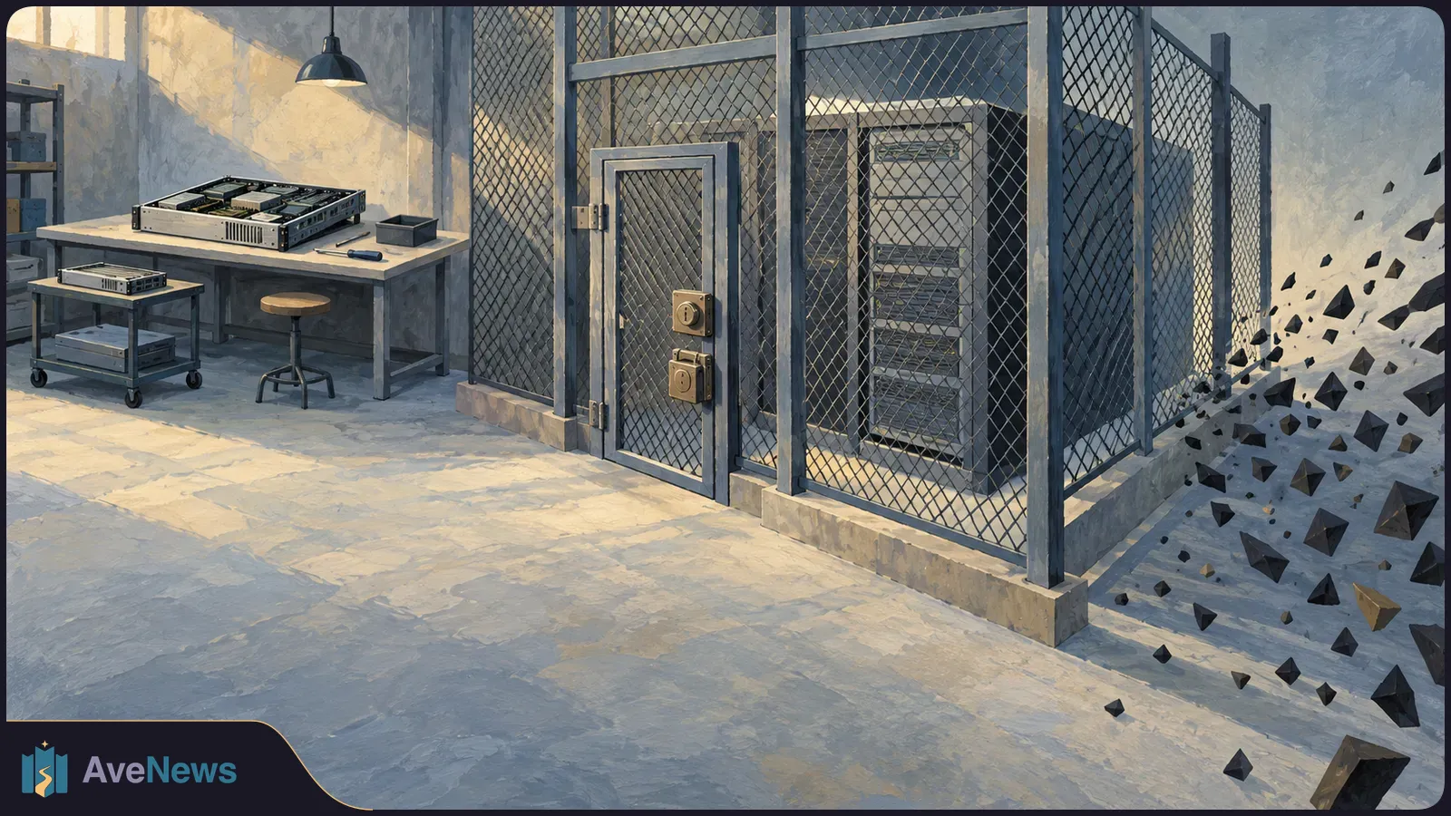 Painted server room with equipment on a workbench and server racks behind a locked mesh enclosure; dark angular fragments scatter across the floor at right. SI illustration