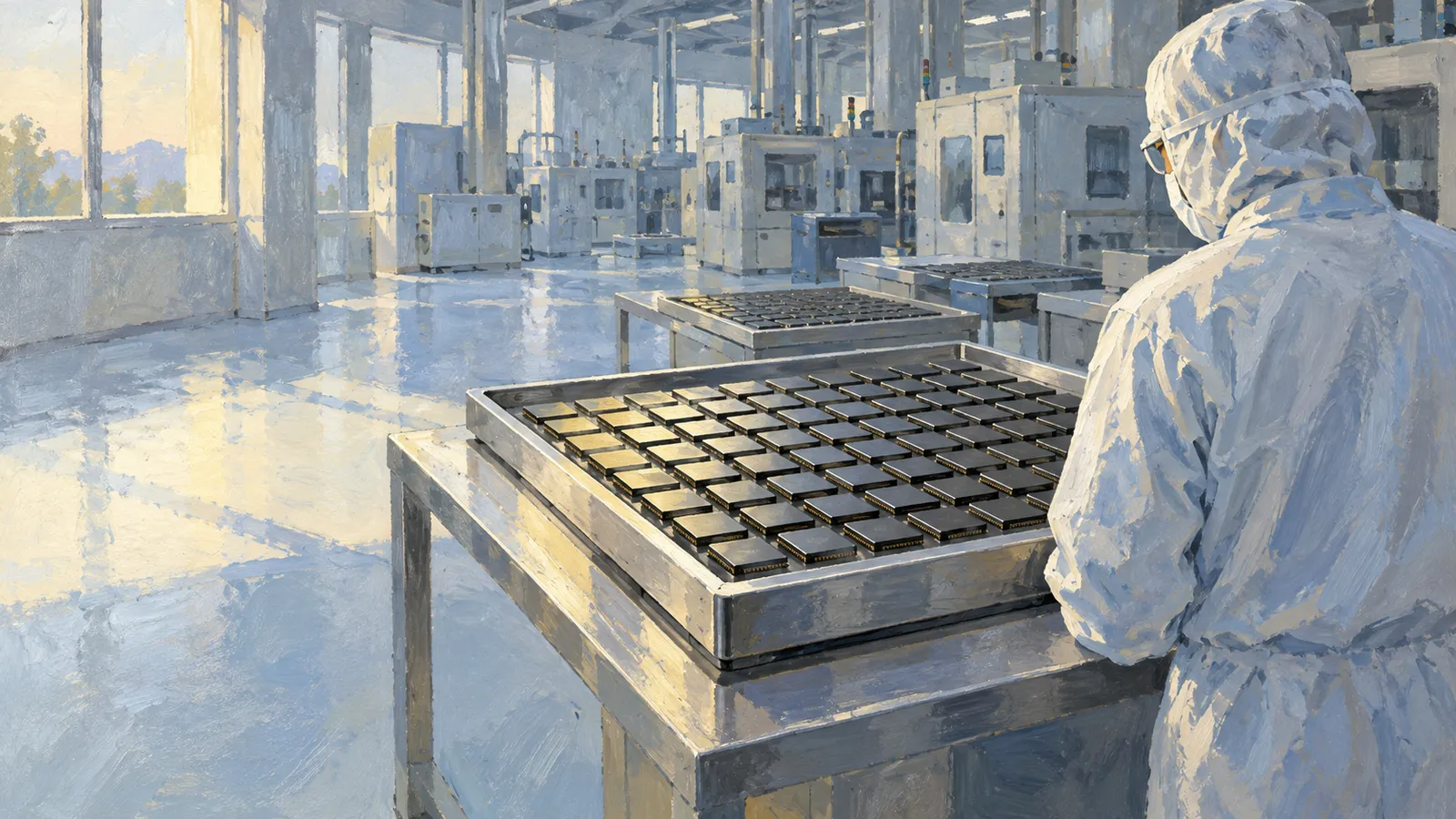 A painted scene of a worker in protective clothing beside trays of chips in a bright factory filled with machinery. SI illustration
