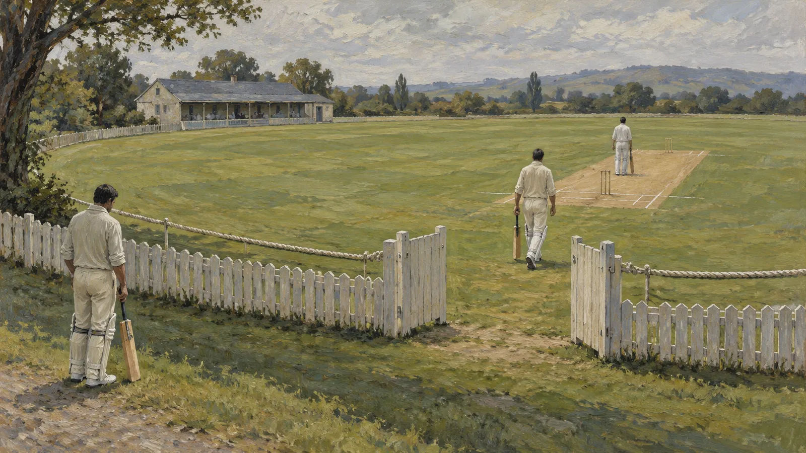 Painting of three cricketers in white with bats on a grassy field, framed by a white fence, with a pavilion and hills in the distance. SI illustration
