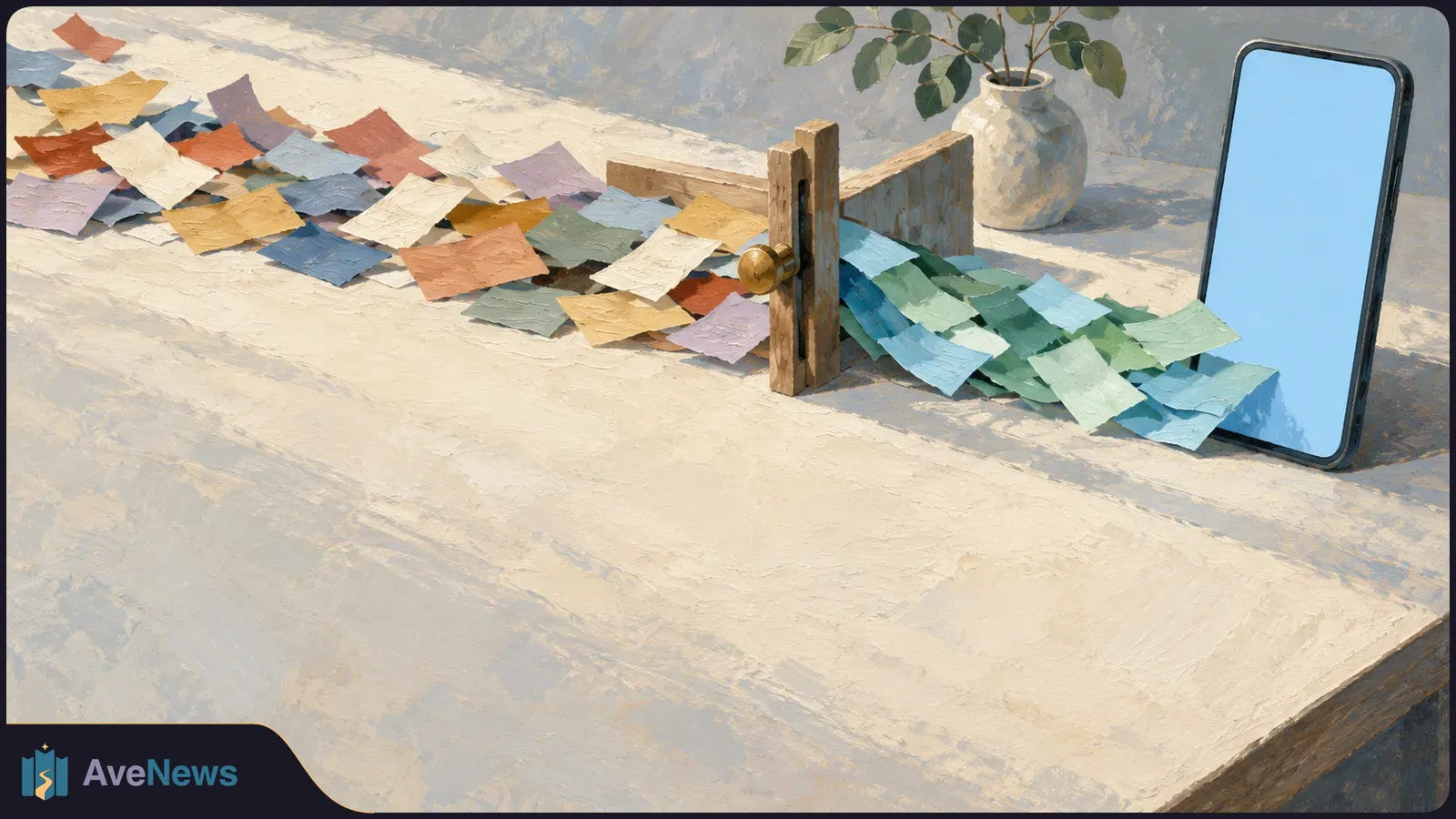 A painted scene of colored paper slips passing through a small wooden gate toward a phone with a blank blue screen, with a leafy vase behind it. SI illustration