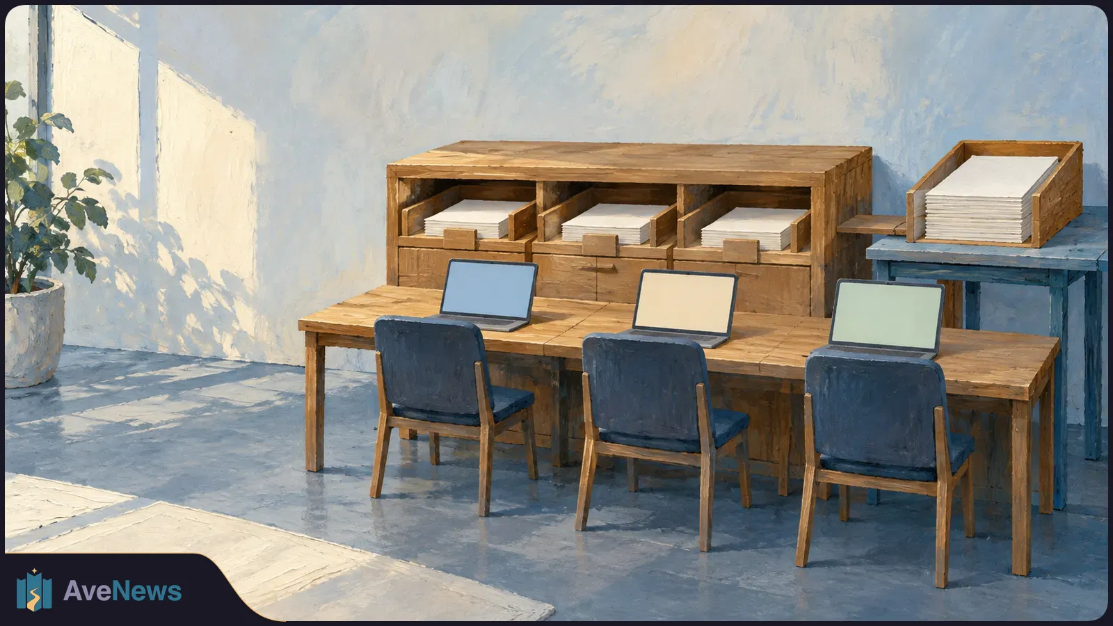 Painted office scene with three open laptops on a wooden table, blue chairs, and stacks of blank paper in wooden shelves. SI illustration