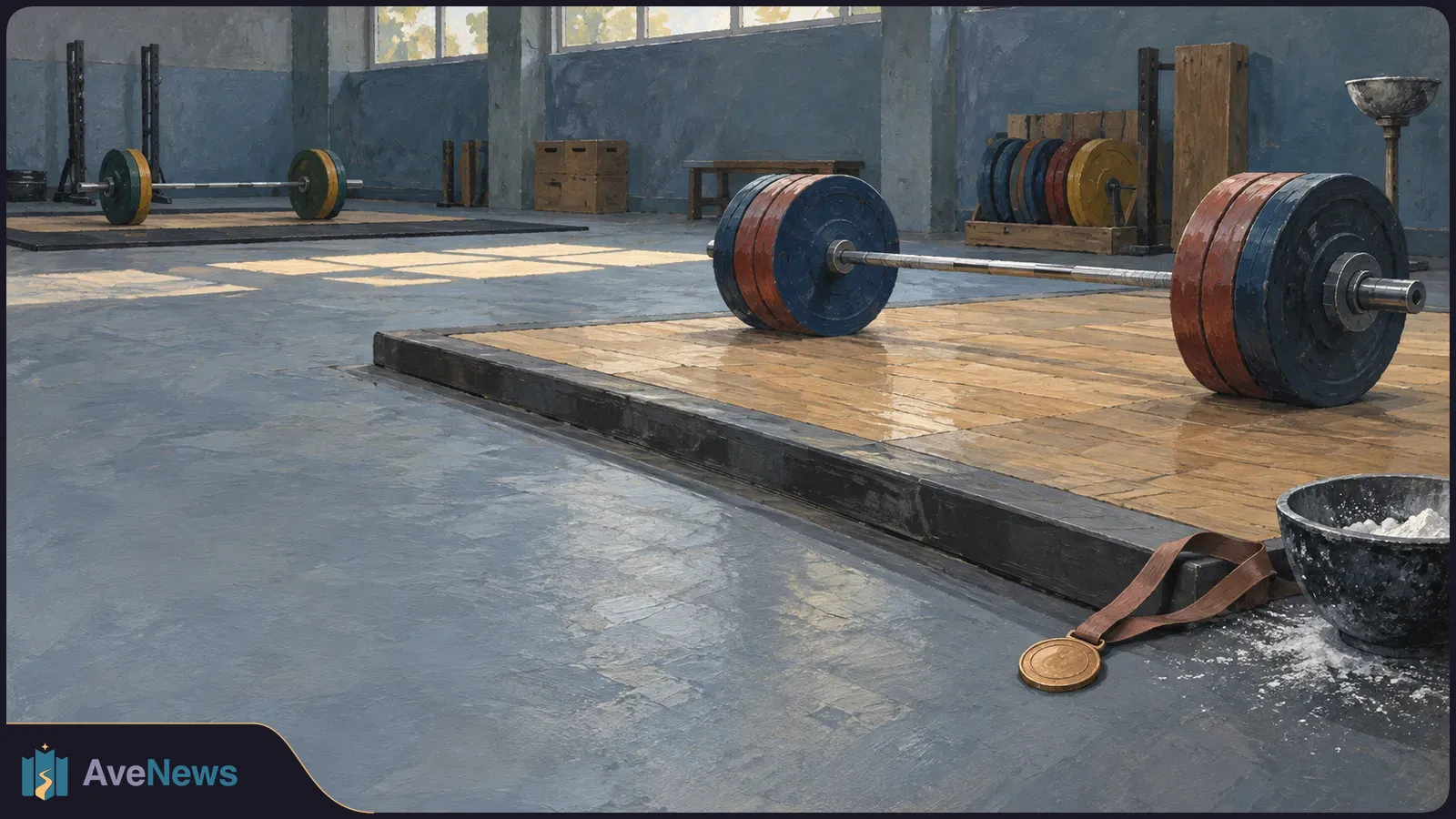 Painted weightlifting gym with a loaded barbell on a wooden platform, another barbell behind it, and a medal beside a chalk bowl in the foreground. SI illustration