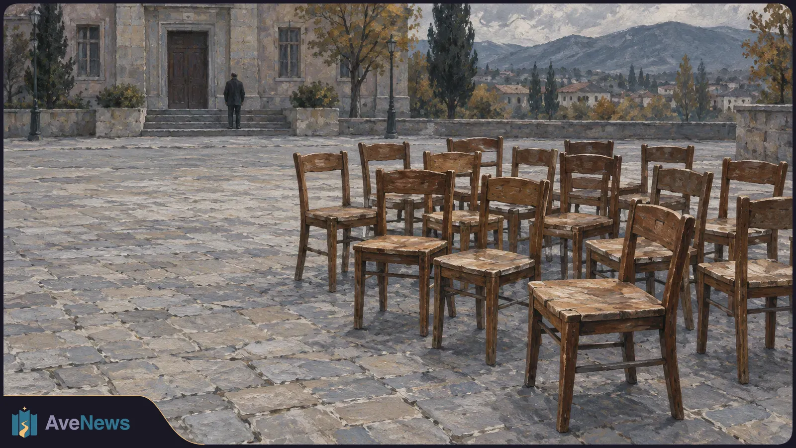 An illustration of empty wooden chairs on a cobblestone square. A lone figure stands by the steps of a stone building, with trees, rooftops and mountains beyond. SI illustration