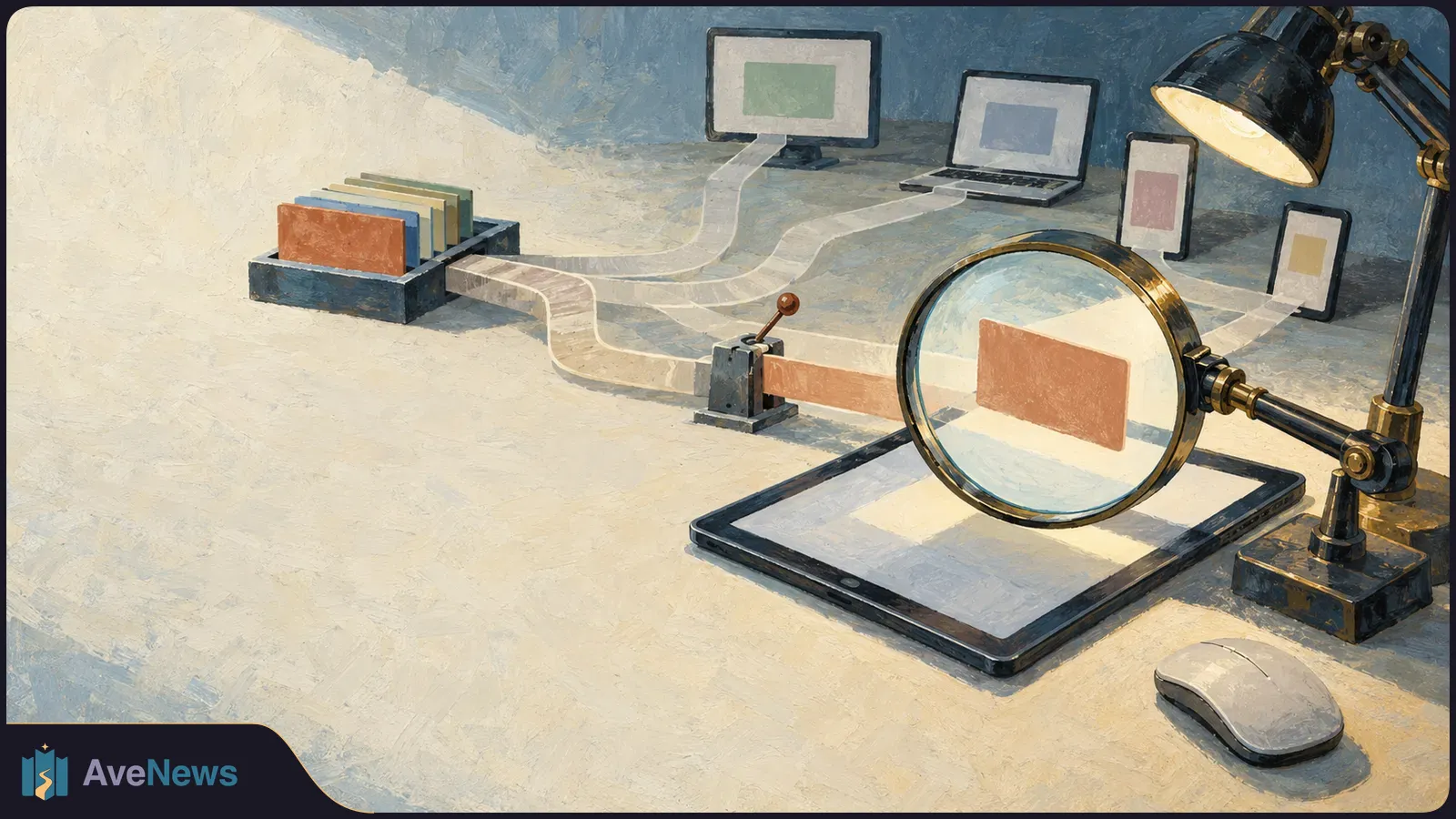 Painted illustration of colored cards linked by pale strips to blank screens, with one card enlarged under a magnifying glass above a tablet. SI illustration