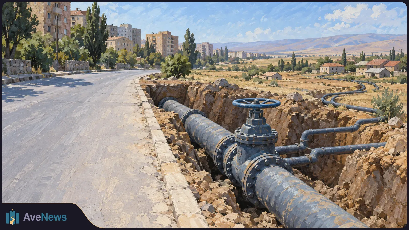 Painted scene of a large pipe and valve in a roadside trench, with apartment buildings, fields and hills beyond. SI illustration