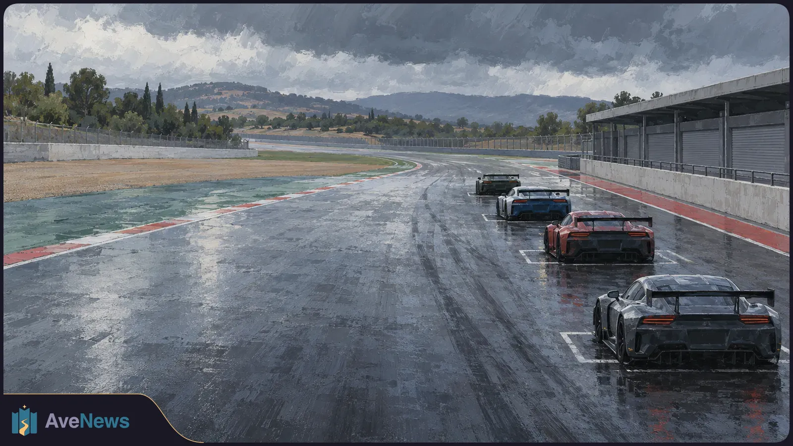 Painterly illustration of four race cars lined up on a rain-soaked circuit beneath dark storm clouds, with pit garages beside the track. SI illustration
