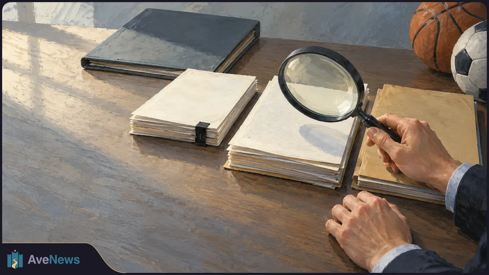 Illustration of hands examining blank papers with a magnifying glass on a wooden desk, beside folders, a basketball and a soccer ball. SI illustration
