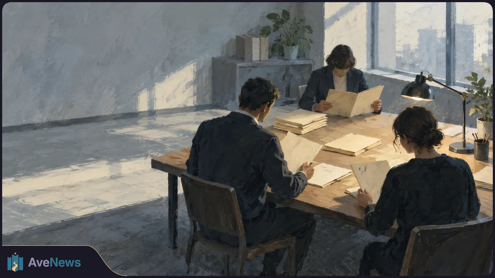 Illustration of three people seated around a wooden table reading papers in a sunlit office, with stacks of documents, a desk lamp and plants. SI illustration