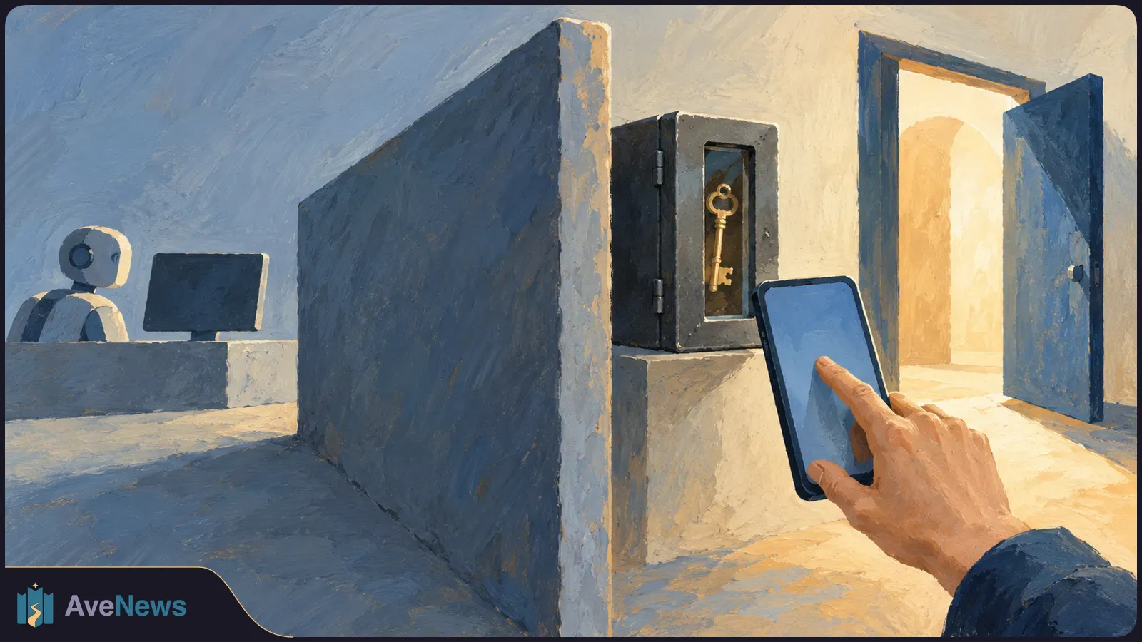 Painted scene of a hand touching a blank phone screen beside a cabinet holding a key; a robot sits behind a partition, and a door stands open. SI illustration