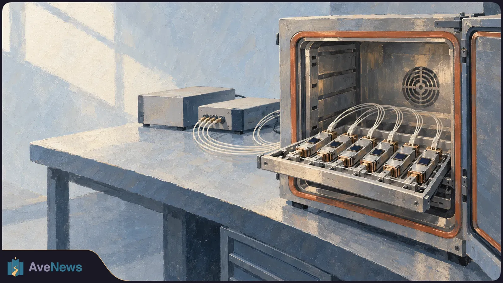 A painted lab scene shows metal modules connected by looped white cables on a tray pulled out of an open test chamber, with equipment on the bench beside it. SI illustration