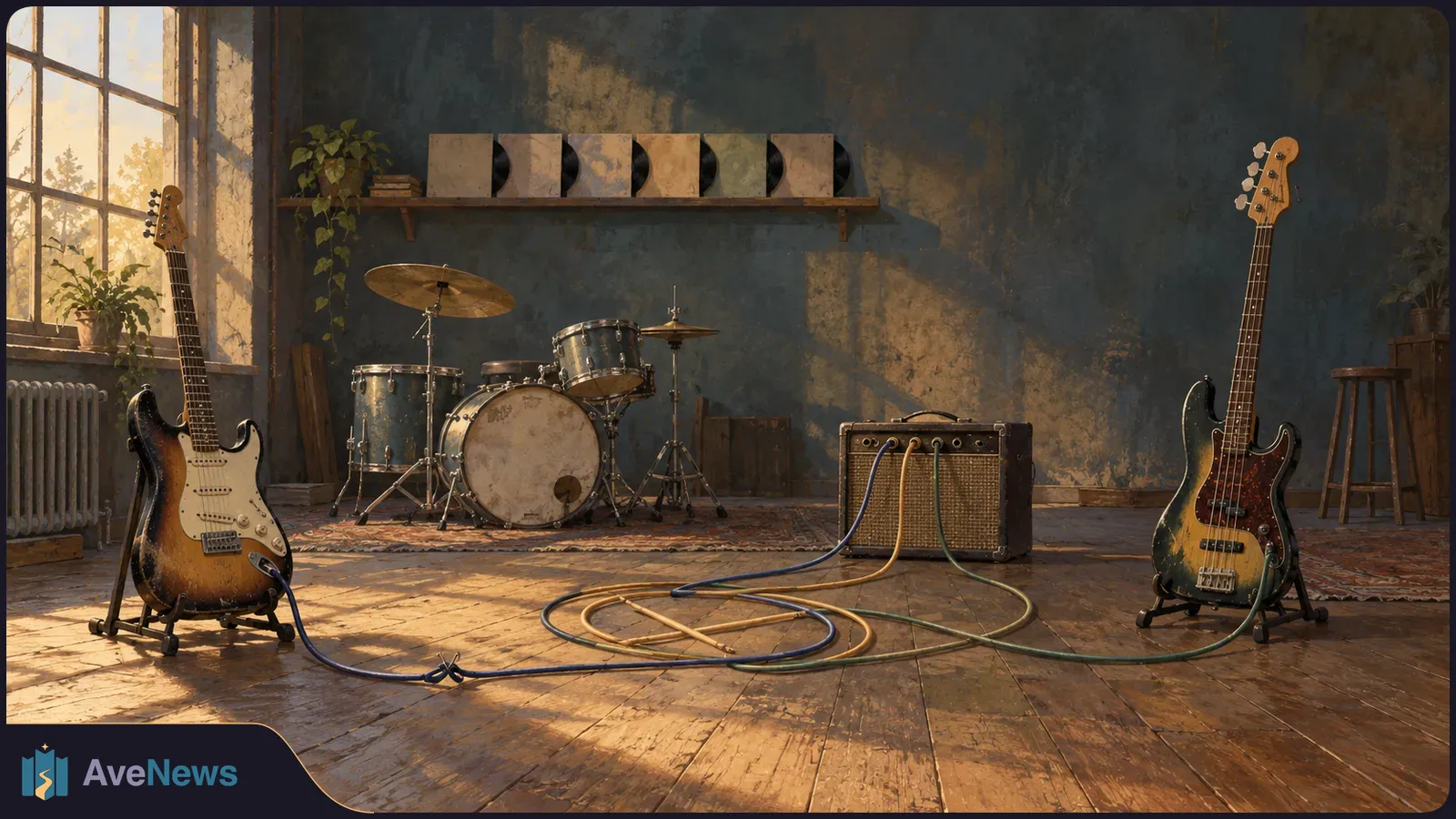 In a sunlit, worn room, an electric guitar and bass flank a drum kit and amplifier. Colored cables cross the wooden floor. SI illustration