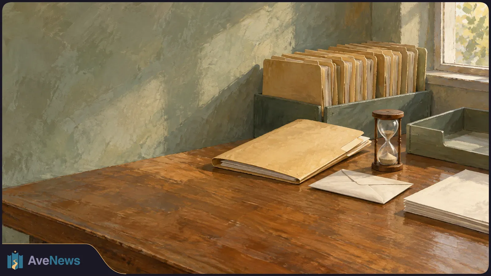 Painted illustration of file folders, a blank envelope and an hourglass on a wooden desk beside a window. SI illustration