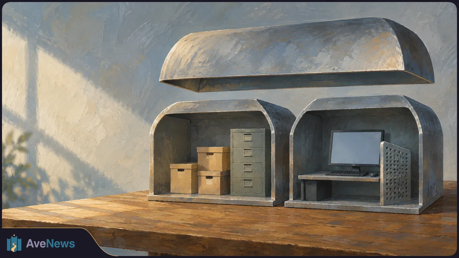 Painted scene of two metal alcoves on a wooden table: boxes and a filing cabinet in one, a blank-screen computer in the other, beneath a shared metal canopy. SI illustration