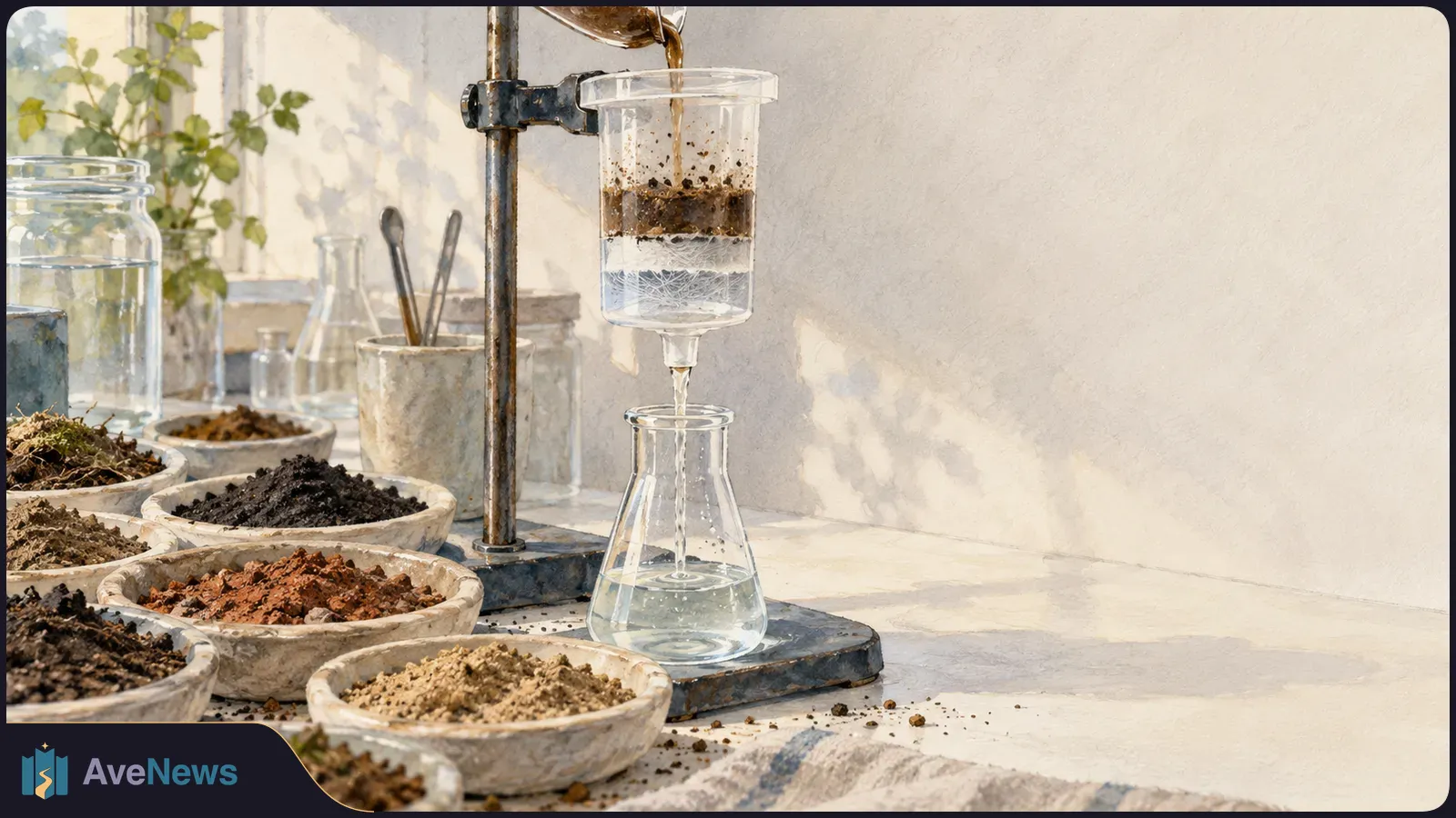 Soil samples in shallow bowls beside a filtration setup; brown liquid pours into a suspended filter, and clear liquid drips into a glass flask. SI illustration