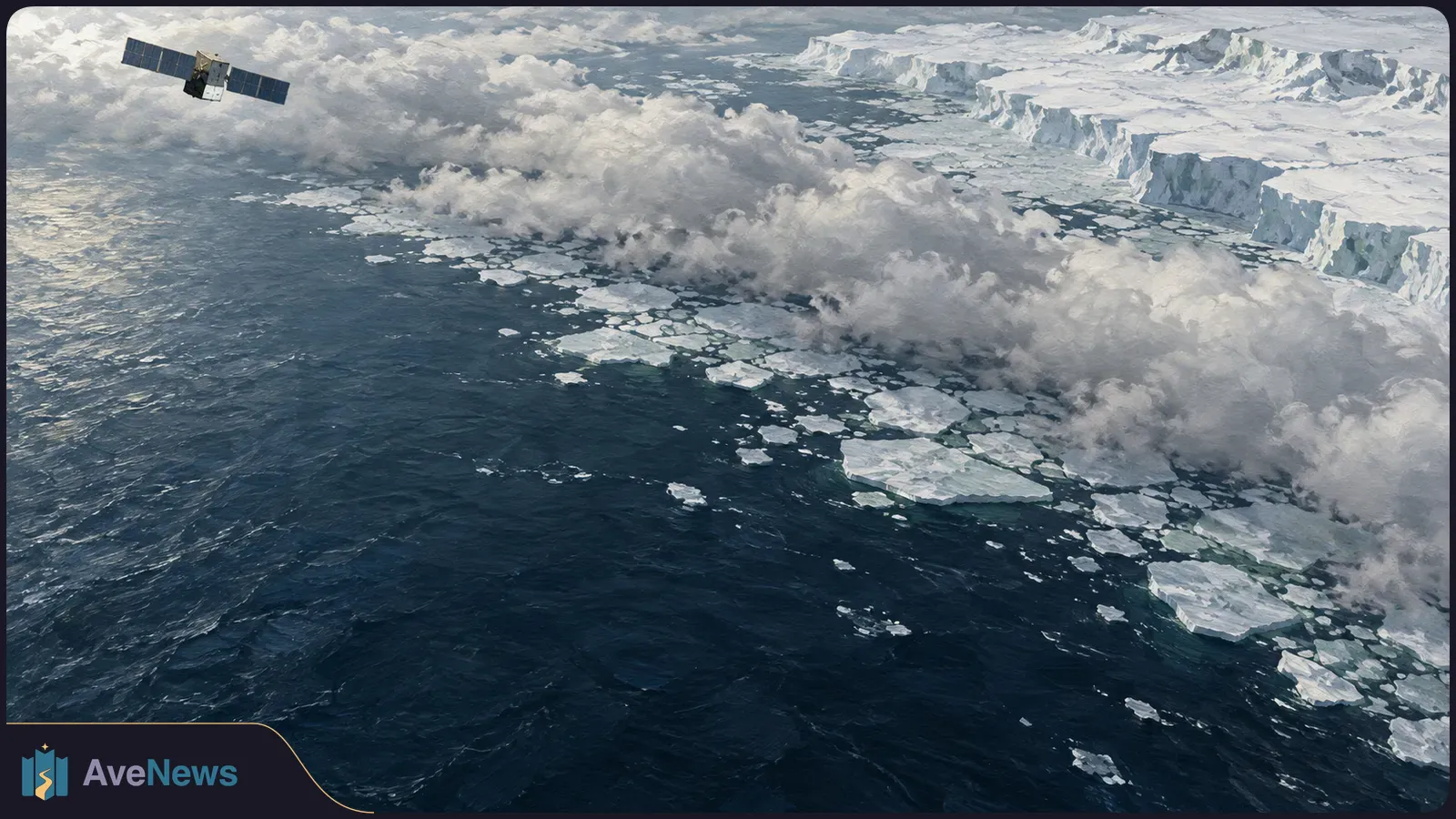 A small satellite above dark ocean water dotted with sea ice, with a band of clouds and a snow-covered ice shelf beyond. SI illustration