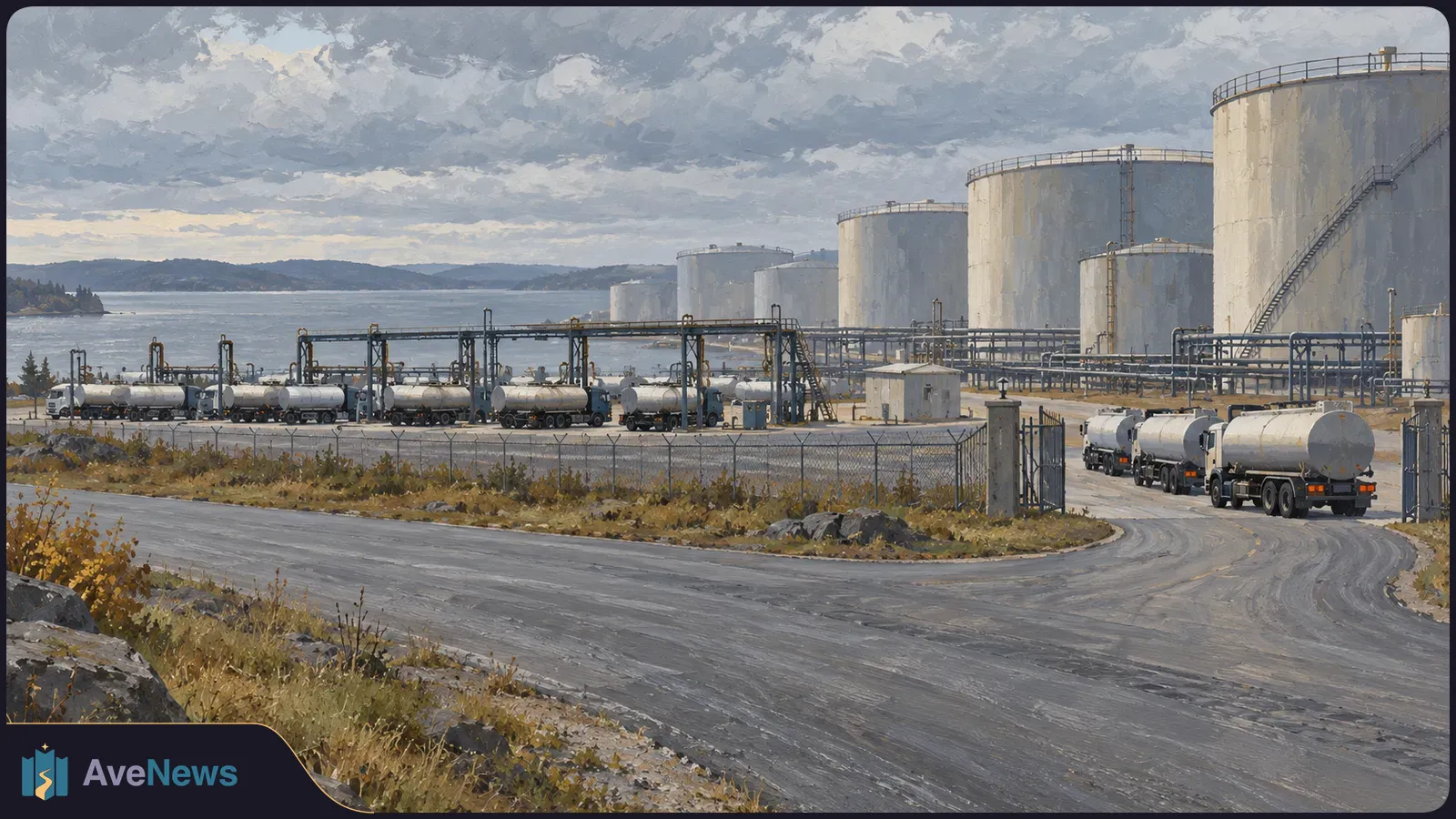 Fuel tanker trucks line up beside large storage tanks and pipes at a waterside depot under a cloudy sky. SI illustration