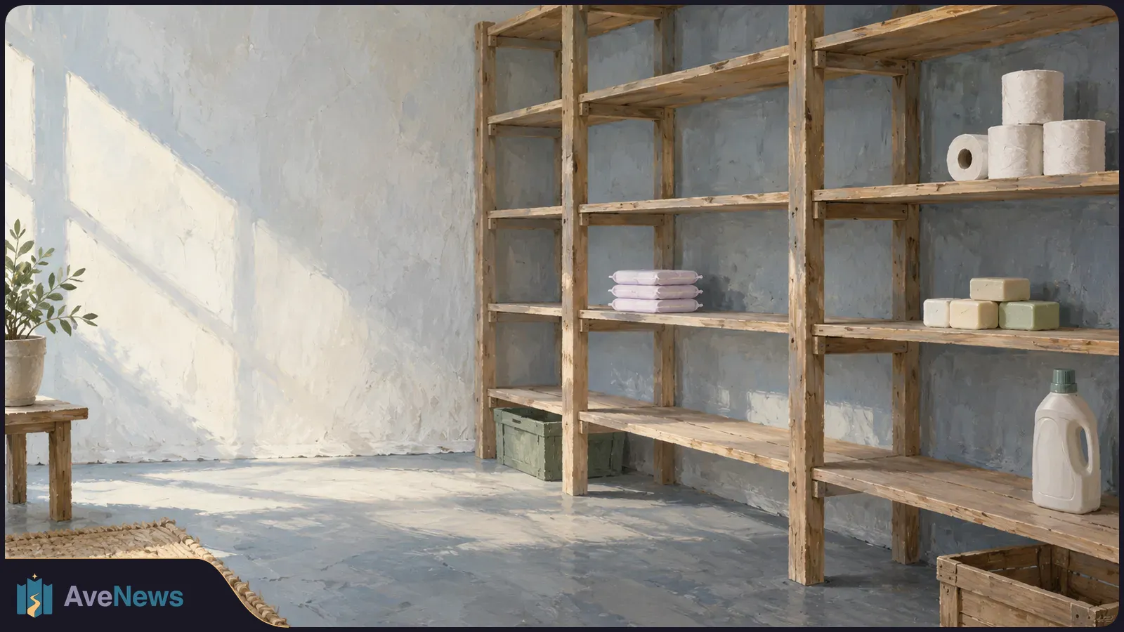 Sunlit room with mostly empty wooden shelves holding toilet rolls, soap bars, folded pink items and a cleaning bottle. A potted plant stands at left. SI illustration
