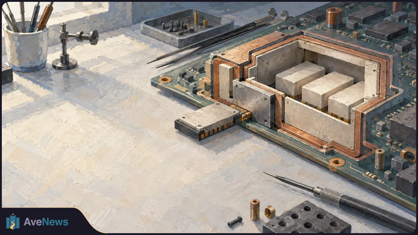 Painted illustration of an open metal-and-copper enclosure on a green circuit board, with pale rectangular components inside and one pulled out. Precision tools and small parts lie on the workbench. SI illustration