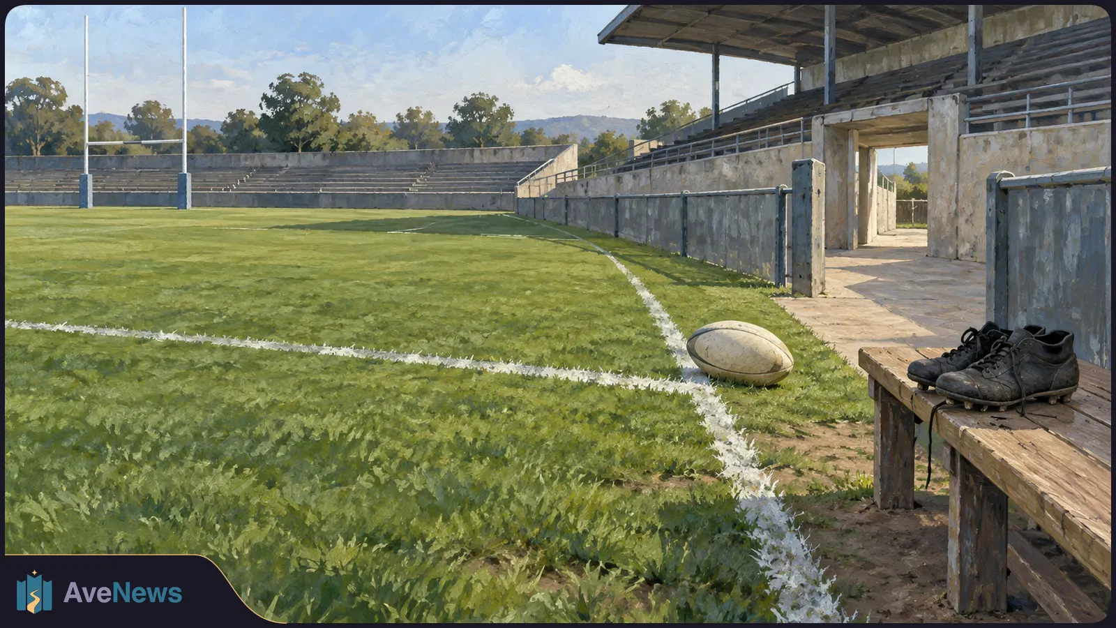 An empty rugby field with goalposts and stands; a ball rests by the touchline, and worn boots sit on a wooden bench. SI illustration