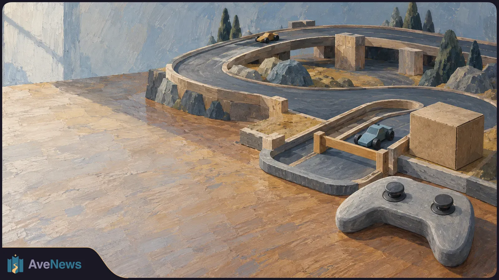 Painted miniature racetrack with one toy car behind a wooden barrier and another farther along the curve; a game controller rests in the foreground. SI illustration