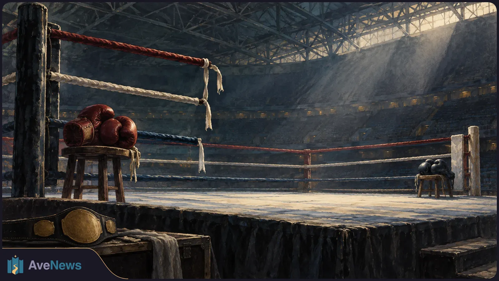 An empty boxing ring in a dim arena, with red and black gloves on stools in opposite corners and a gold championship belt in the foreground. SI illustration
