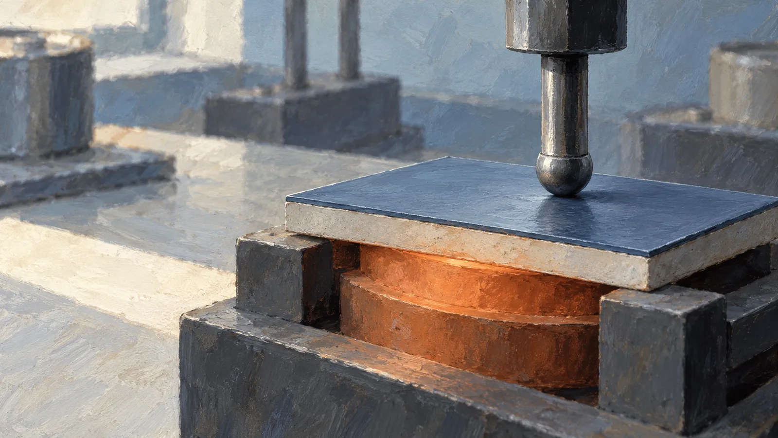 Painterly close-up of a metal probe touching a thin dark-blue sheet above an orange cylindrical support on a testing platform. SI illustration