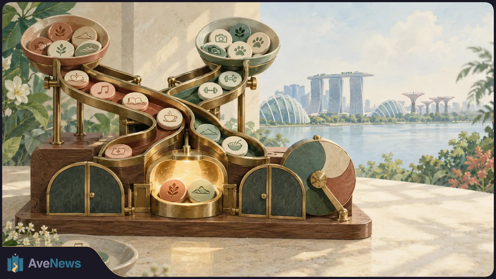 An illustrated brass-and-wood machine guides two streams of pictogram tokens toward a central tray, with Singapore’s waterfront skyline in the background. SI illustration